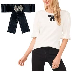 CeCe Crystal Bow Ruffle Cuff Elbow Sleeve Sweater Sweater White Black Coquette M